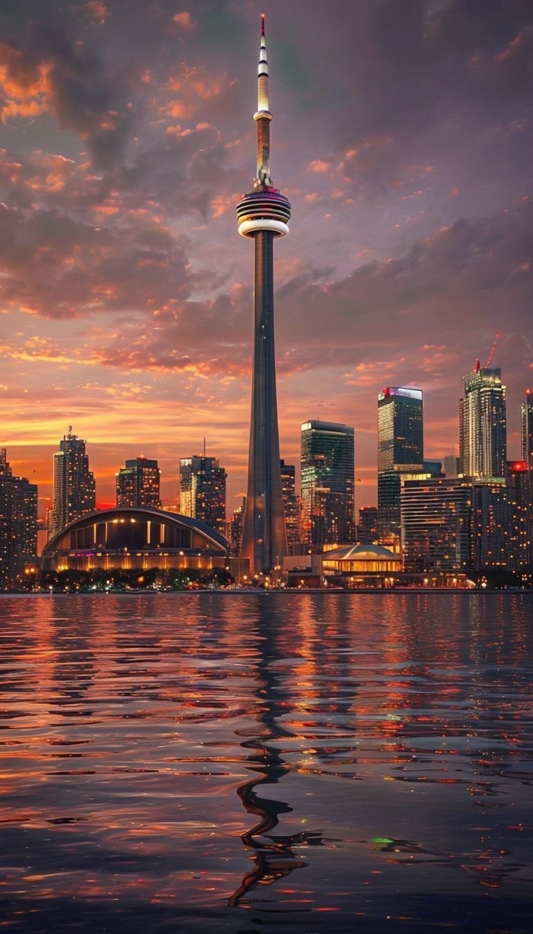 CN Tower and skyline reflected in the water at sunset