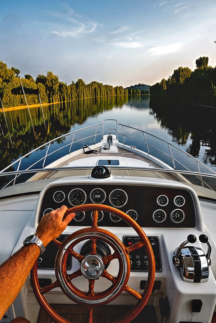 Skipper's hand on a wooden steering wheel, calm lake ahead