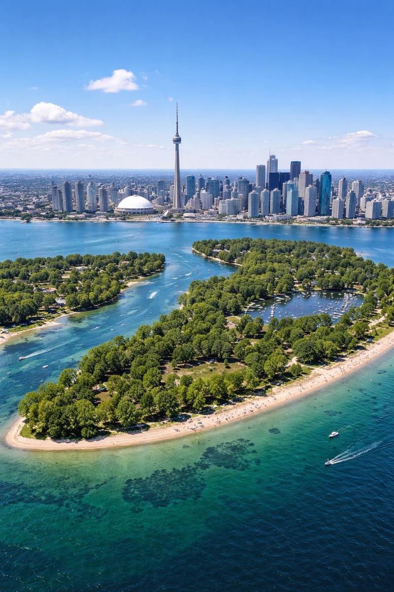 Aerial view of the Toronto Islands with the city skyline across the harbour